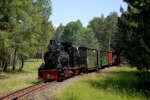 Die Lokomotive 99 3462 war am 9. Juni 2014 auf der Waldeisenbahn Muskau mit den ebenfalls ursprünglich auf der MPSB genutzten Wagen 964-001 und 960-201 der Parkbahn Berlin sowie typischen Güterwagen unterwegs, hier zwischen Kromlau und Weißwasser nahe des Abzweiges Halbendorf.