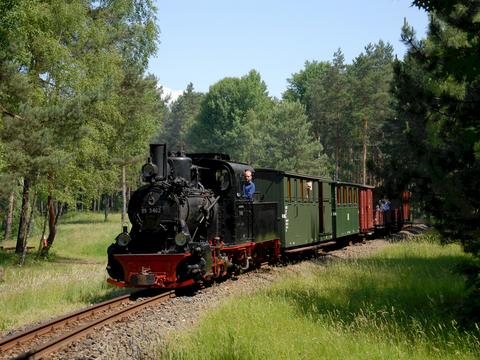 Die Lokomotive 99 3462 war am 9. Juni 2014 auf der Waldeisenbahn Muskau mit den ebenfalls ursprünglich auf der MPSB genutzten Wagen 964-001 und 960-201 der Parkbahn Berlin sowie typischen Güterwagen unterwegs, hier zwischen Kromlau und Weißwasser nahe des Abzweiges Halbendorf.