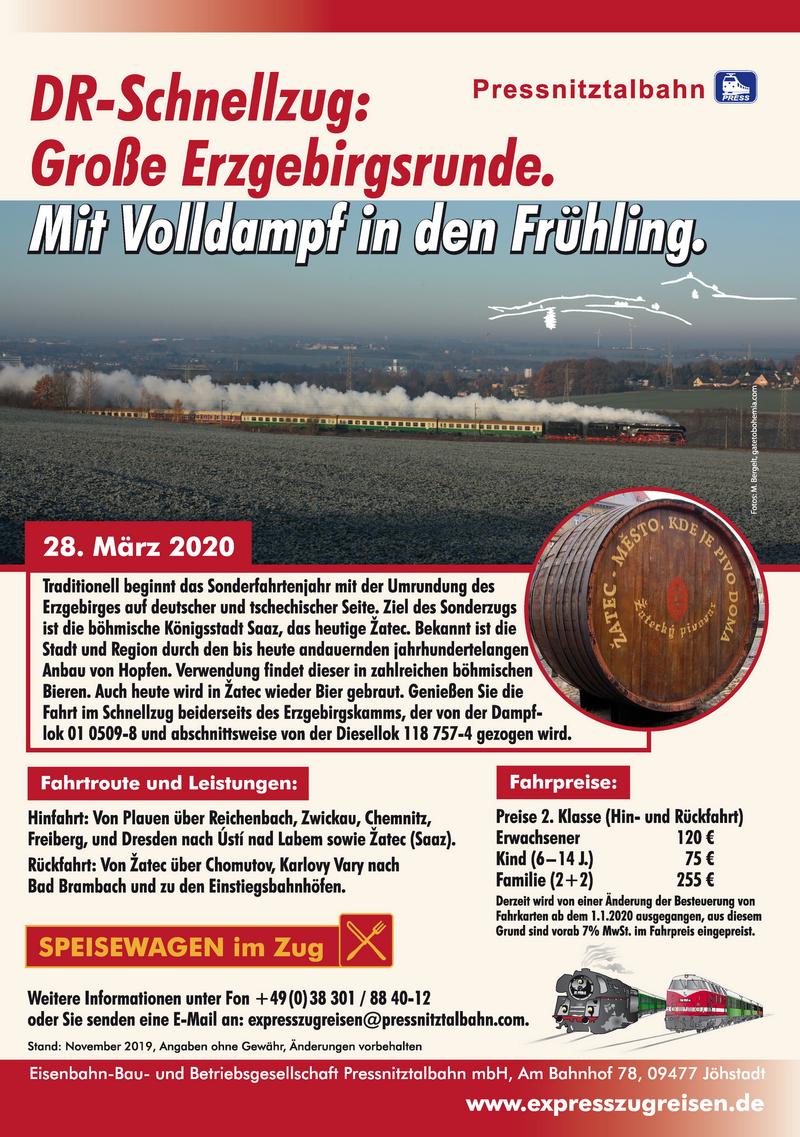 Veranstaltungsankündigung: 28. März 2020: DR-Schnellzug: Große Erzgebirgsrunde. Mit Volldampf in den Frühling