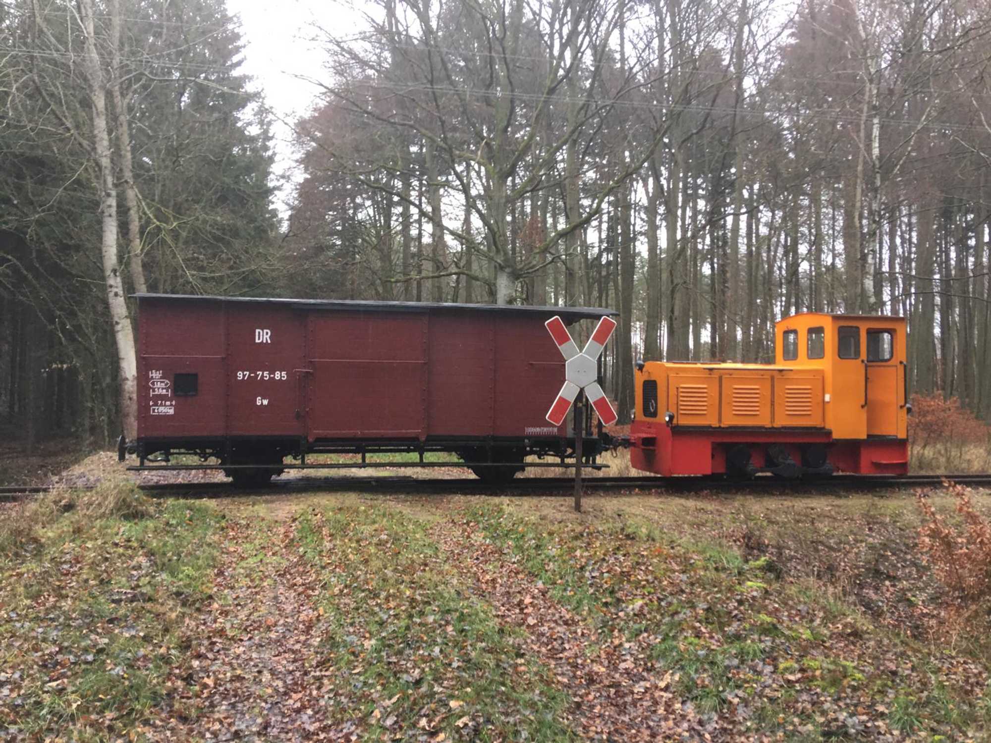 Die seit Oktober wieder für Arbeitszüge einsatzfähige Diesellok Kö 6401 fotografierte Frank Bürgel am 8. Dezember 2019 hinter Klenzenhof auf dem Weg nach Lindenberg.