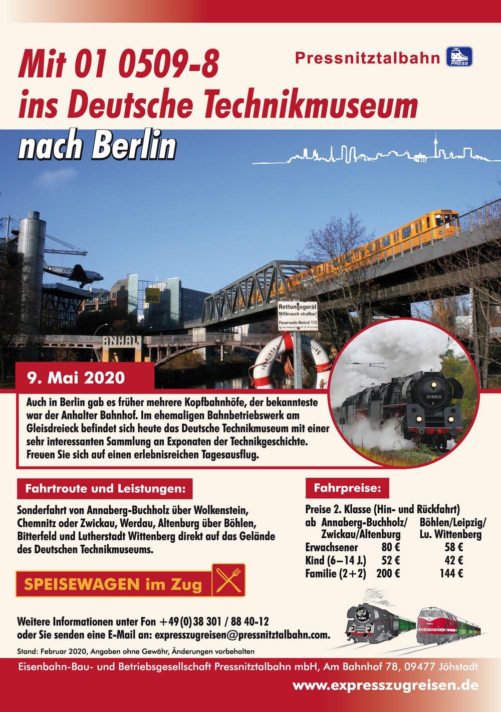 Veranstaltungsankündigung: 9. Mai 2020: Mit 01 0509-8 ins Deutsche Technikmuseum nach Berlin
