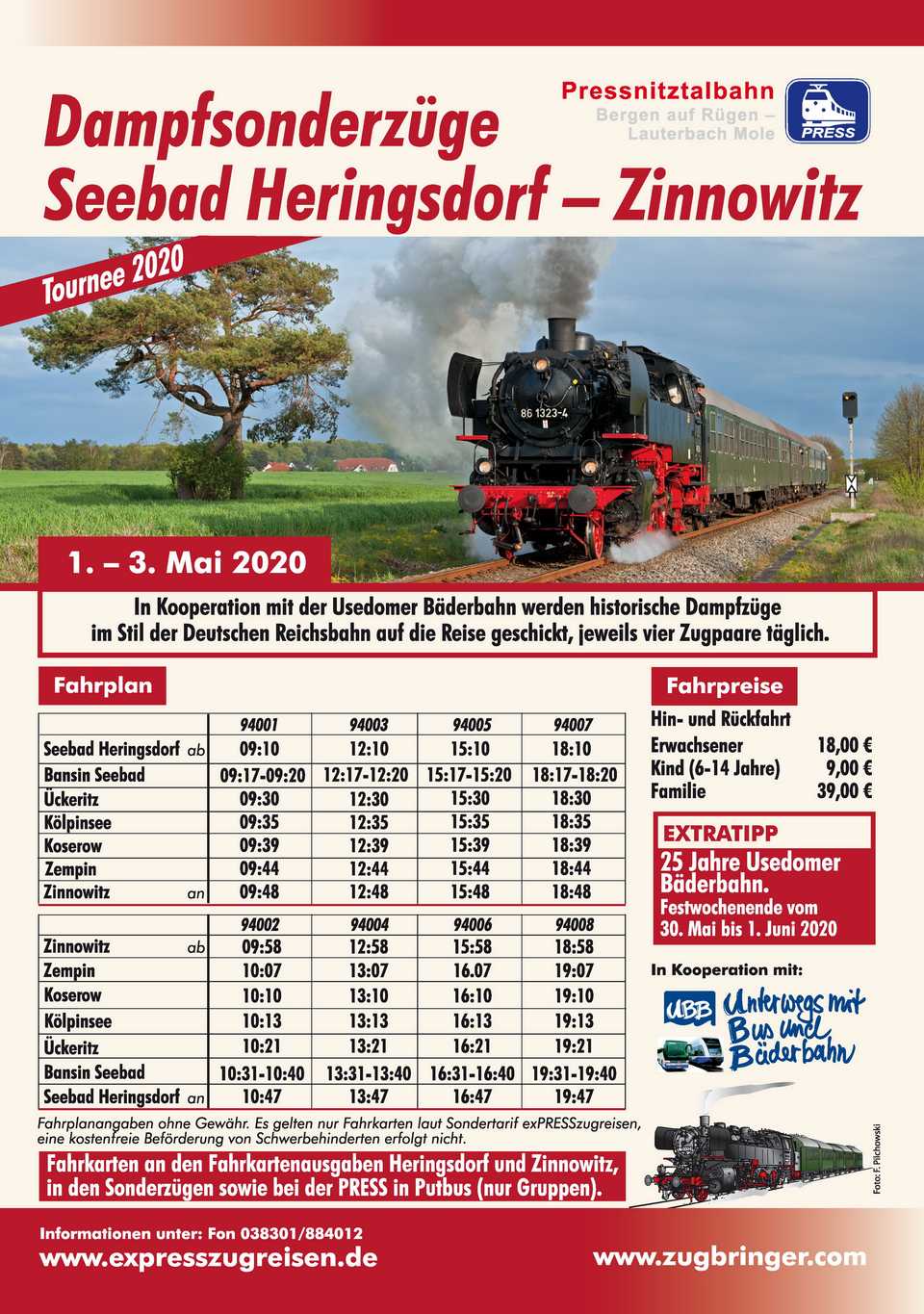 Veranstaltungsankündigung: 1. bis 3. Mai 2020: Dampfsonderzüge Seebad Heringsdorf - Zinnowitz