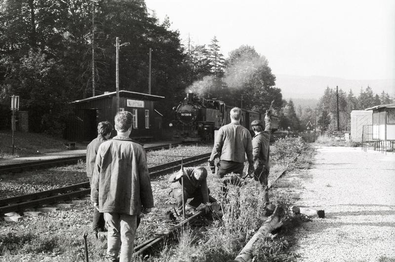 August 1991 - Arbeitseinsatz Kretscham-Rothensehma, Begegnung mit 99 1781-6 vor einem Personenzug.