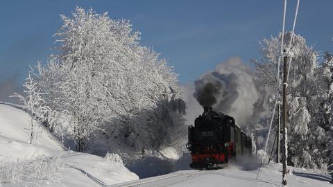 Daniel Theumer hielt am 27. Januar 2010 die winterliche Stimmung mit dem von der Stammlok der Weißeritztalbahn 99 771 gezogenen Zug auf der Fichtelbergbahn in der Nähe von Hammerunterwiesthal fest.