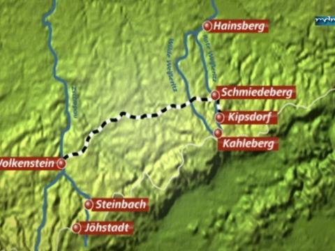 Karte zur "Schmalspurbahn Wolkenstein - Schmiedeberg" aus der MDR-Sendung "An den ungezähmten Ufern von Zschopau und Weißeritz".