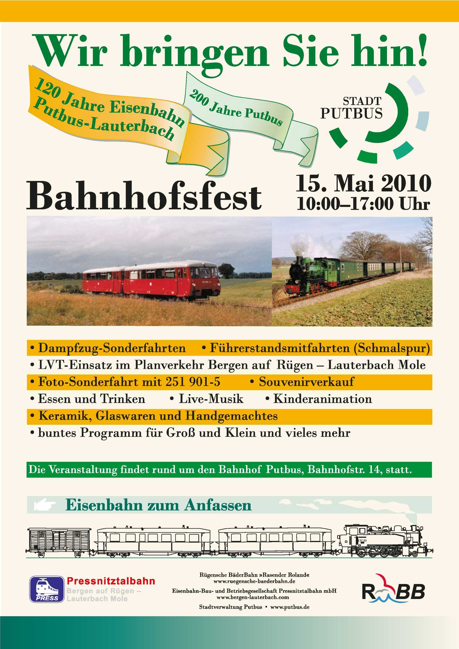 Veranstaltungsankündigung 15. Mai 2010 zum Bahnhofsfest Putbus