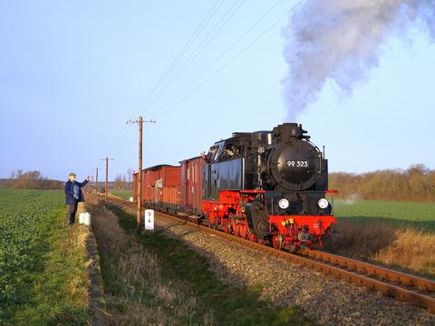 Die Aufnahme zeigt den am 2. Februar 2020 zwischen Kühlungsborn und Bad Doberan eingesetzten Fotogüterzug an der Laderampe hinter Bollhagen.