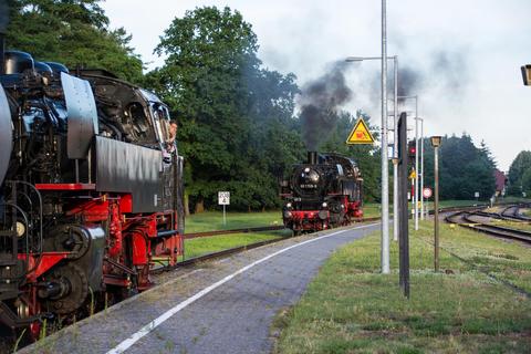 Bei einer Sonderfahrt auf der Insel Usedom trugen die beiden PRESS-86er Windleitbleche und Nummernschilder einst dort eingesetzter Lokomotiven.