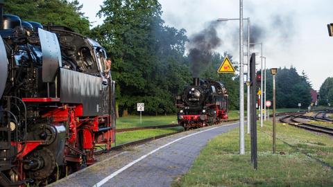 Bei einer Sonderfahrt auf der Insel Usedom trugen die beiden PRESS-86er Windleitbleche und Nummernschilder einst dort eingesetzter Lokomotiven.