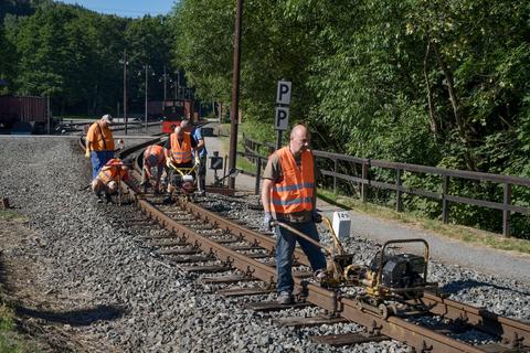 Beim Arbeitseinsatz am 1. August 2020 führten die Vereinsmitglieder bei starker Hitze Gleisbauarbeiten am Bogen in der Ausfahrt des Bahnhofes Steinbach in Richtung Wolkenstein aus.