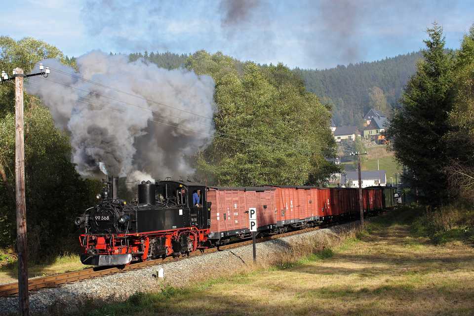 Ein „Alleinstellungsmerkmal“ der Preßnitztalbahn im Einsatz: Fünf GGw können auf keiner anderen Schmalspurbahn mobilisiert werden, Dominik Dietrich hielt den Zug in der Ausfahrt von Schmalzgrube im Bild fest.