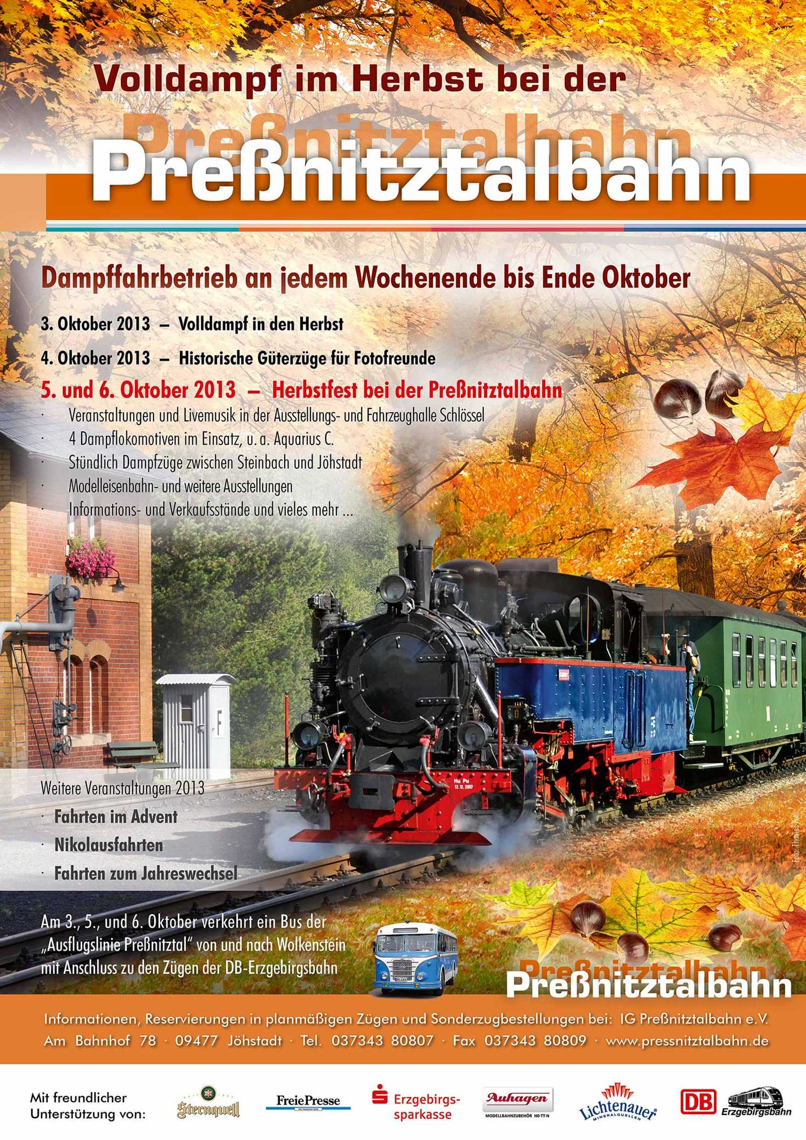 Veranstaltungsankündigung 3.-6. Oktober: Volldampf bei der Preßnitztalbahn