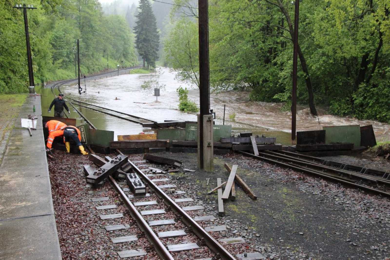 Von Vereinsmitgliedern wurde an der Einfahrt zum Bahnhof Steinbach eine Barriere errichtet, die das Anschwemmen von Treibgut und Unrat in den Bahnhof verhindern sollte. 2. Juni 2013 gegen 15.30 Uhr.