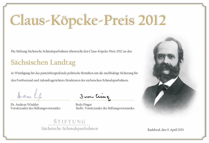 Den „Claus-Köpcke-Preis 2012“ bekam der Sächsische Landtag zugesprochen.