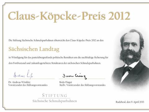Den „Claus-Köpcke-Preis 2012“ bekam der Sächsische Landtag zugesprochen.