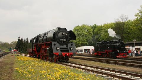 Für einen Kurzbesuch kam auch 01 0509-8 der EBB Pressnitztalbahn mbH zum Bahnhofsfest nach Putbus. Sie hatte zuvor einen Sonderzug aus Cottbus auf die Insel gebracht und wurde hier vor der abendlichen Rückfahrt in den Süden restauriert.