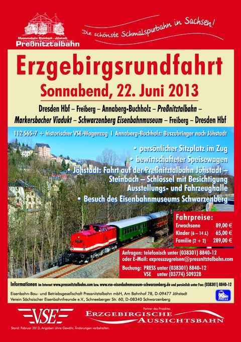 Veranstaltungsankündigung 22. Juni 2013: Erzgebirgsrundfahrt mit 112 565-7 + historischer VSE-Wagenzug