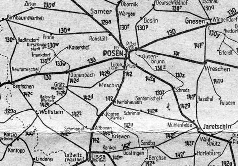 Als Kursbuchstrecke 130z ist die Schrodaer Kreisbahn in der Kursbuchkarte von 1944 südlich von Posen (Poznan) zu finden.