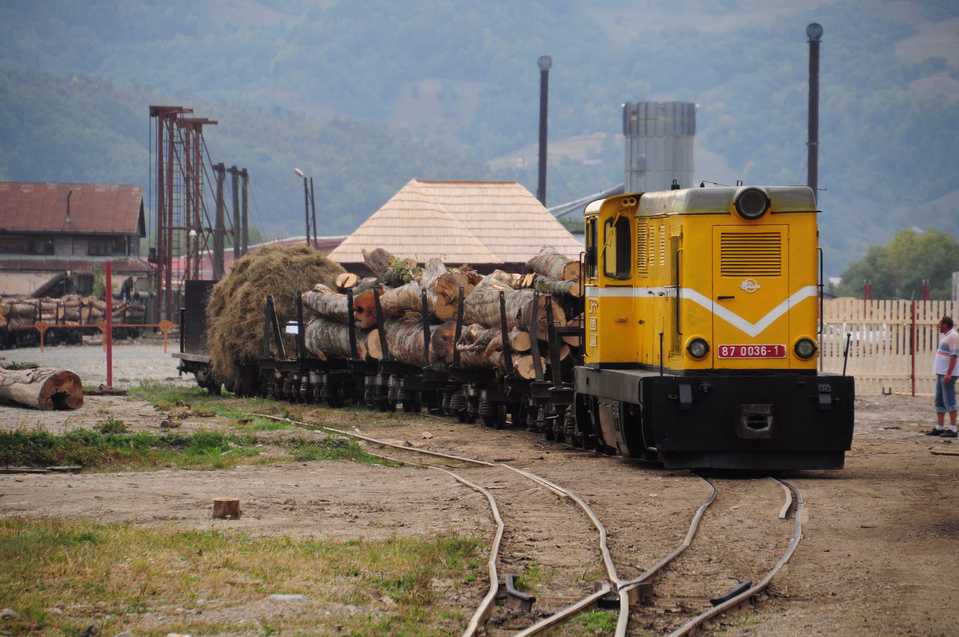 Am 17. September 2012 rangiert die Diesellok 87 0036 beladene Holzwagen zur Entladung in Viseu de Sus.