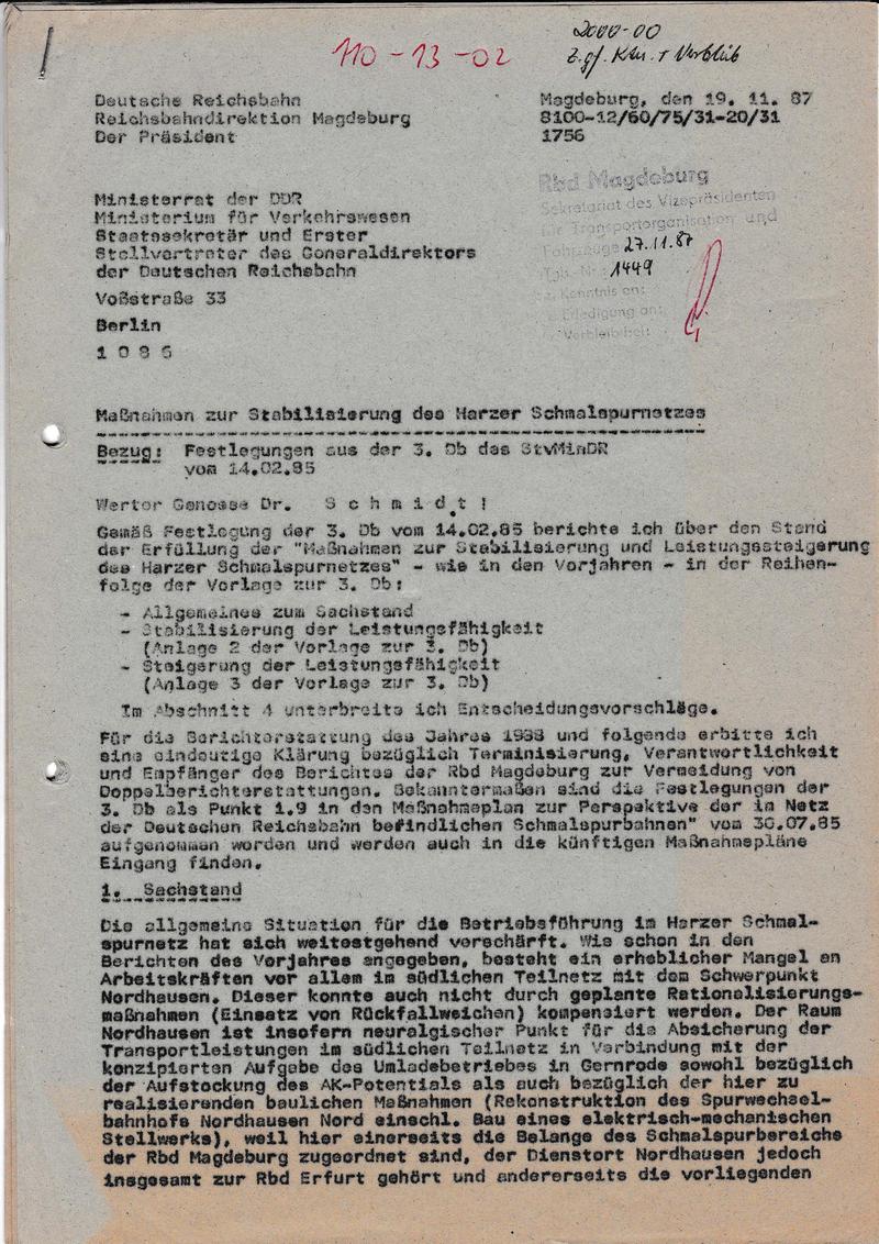Deckblatt des zitierten Maßnahmeplans vom November 1987 aus der Slg. von Jörg Bauer