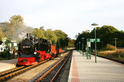99 1784-0 mit Güterzug im Bahnhof Binz.