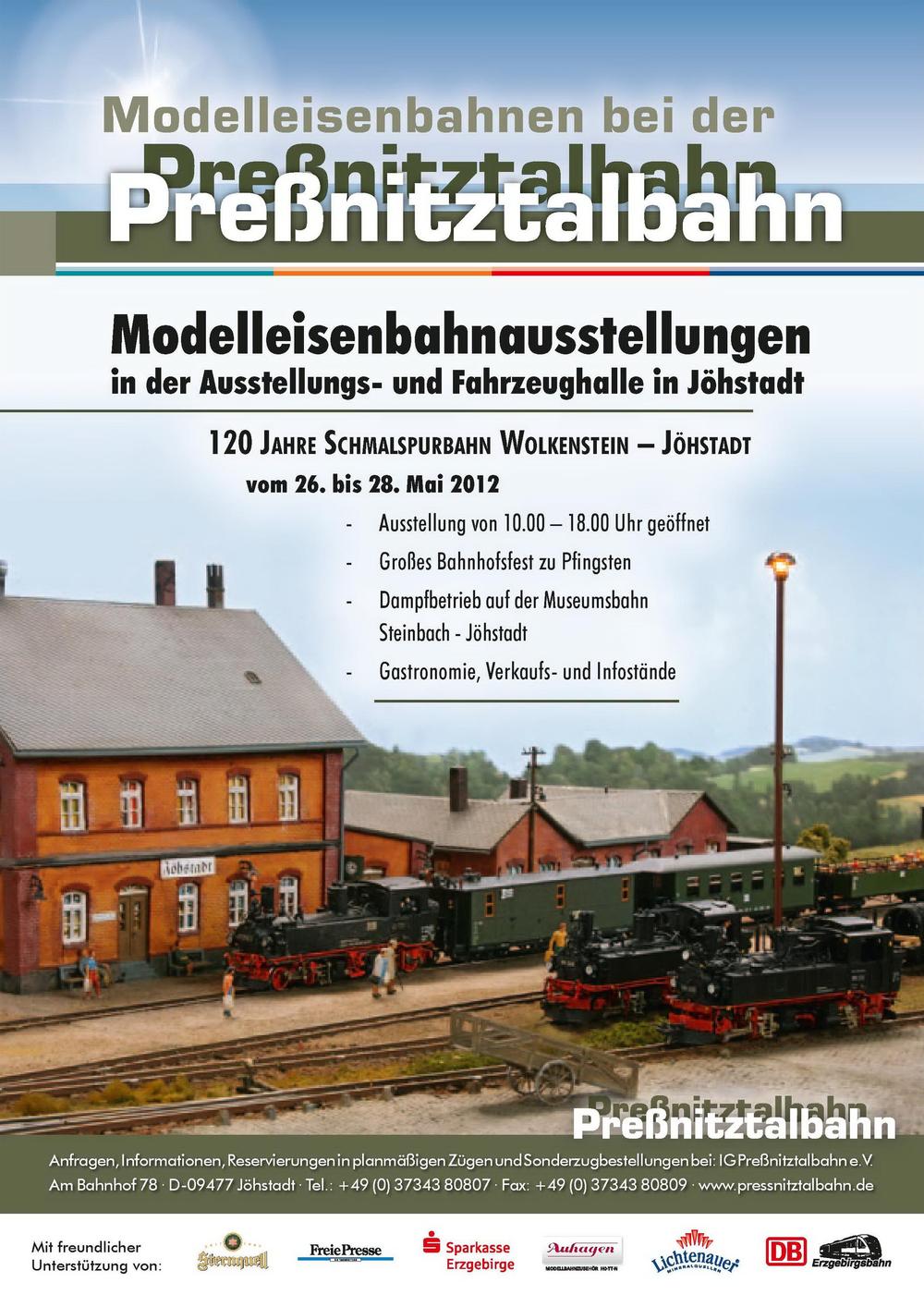 Veranstaltungsankündigung 26. bis 28. Mai 2012: Modelleisenbahnausstellungen in der Ausstellungs- und Fahrzeughalle in Jöhstadt