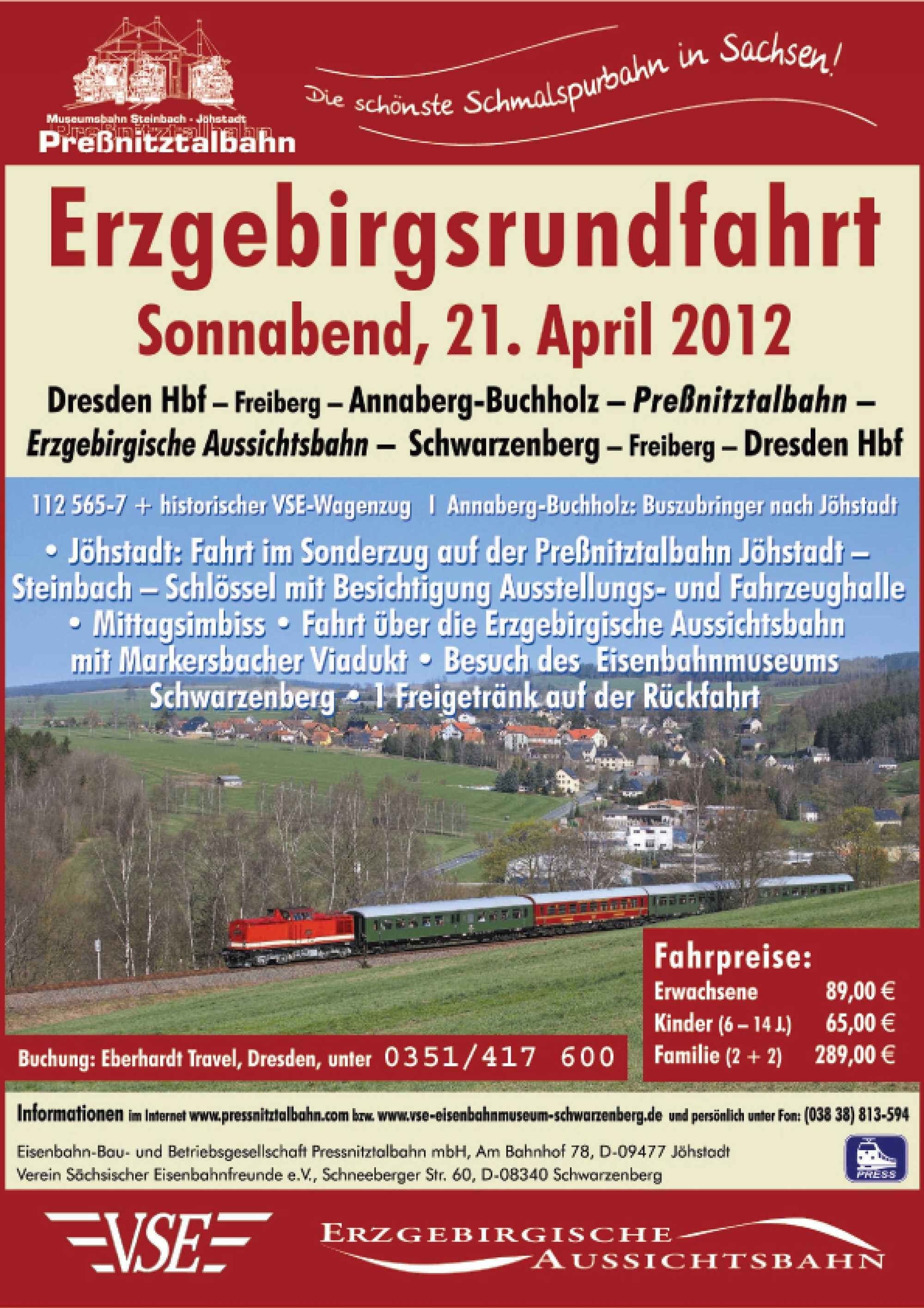 Veranstaltungsankündigung 21. April 2012: Erzgebirgsrundfahrt mit Besuch Preßnitztalbahn und Museum Schwarzenberg