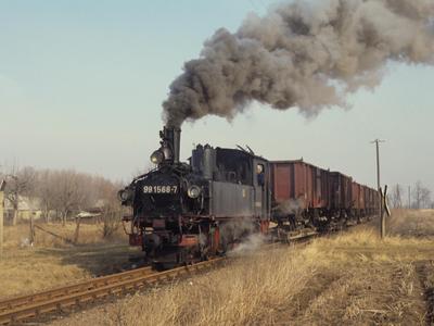 Am 25. Februar 1991 hatte 99 1568-7 der Deutschen Reichsbahn einen der damals noch regelmäßigen Güterzüge am Zughaken.