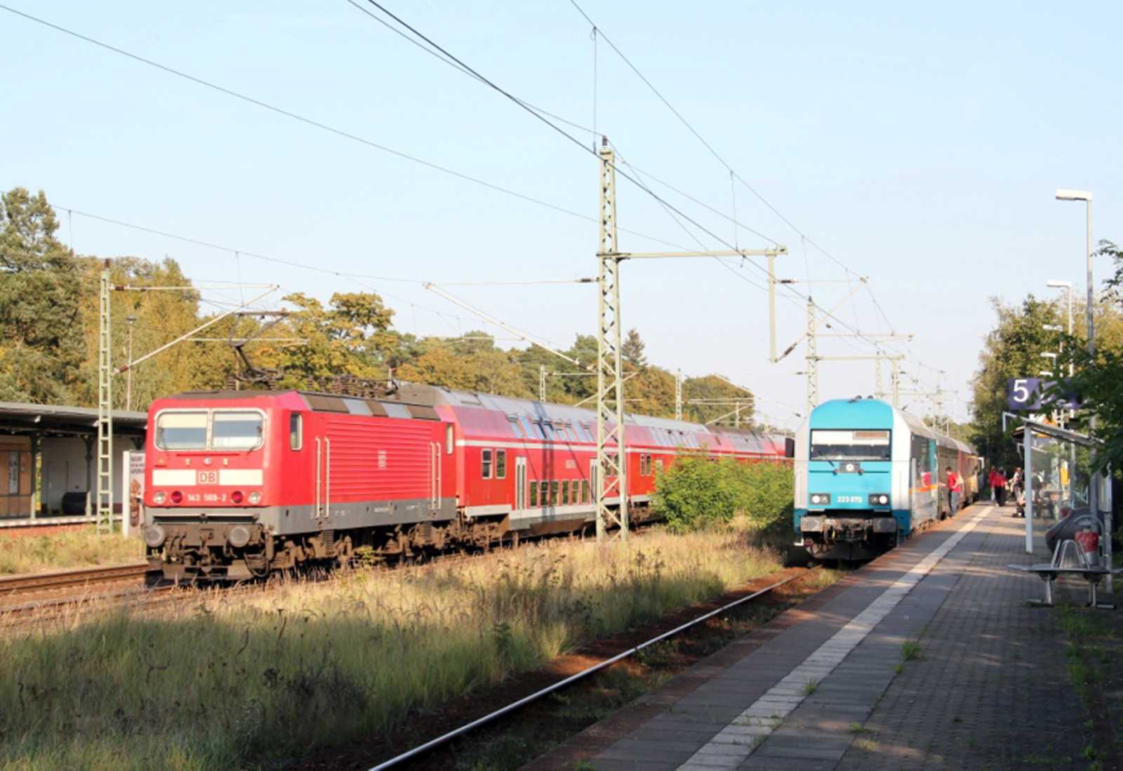 Während der VSE-Sonderzug auf die Rückkehr der Fahrgäste wartet, herrscht reger Zugverkehr. 143 569 schiebt einen Regionalexpreß in Richtung Berlin.
