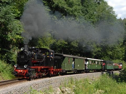 Der Star des 4. Schmalspurfestivals auf der Weißeritztalbahn war Lok 20 des Mansfelder Bergwerksbahn-Vereins. Am 16. Juli fotografierte sie Frank Heilmann mit dem P 5150 vor Spechtritz.