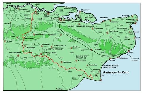 Grafik: Die Eisenbahnlinien in den Grafschaften Kent und East Sussex in England mit Angabe der Eröffnungsdaten.