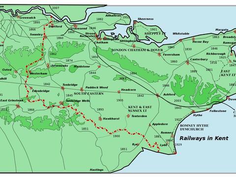 Grafik: Die Eisenbahnlinien in den Grafschaften Kent und East Sussex in England mit Angabe der Eröffnungsdaten.