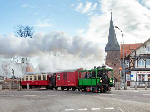 Nach ihrer Aufarbeitung in Meiningen absolvierte die 134-jährige Dampflok „Laura“ der Chiemsee-Bahn in Wernigerode Probefahrten. Dabei fotografierte sie Dirk Bahnsen am 18.3.2021 am Westerntor.