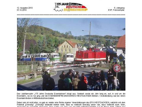 Die Ausgabe 12/2010 der „EFK-Depesche WESTSACHSEN BöhlenGroßsteinberg“ widmete sich, wie nicht anders zu erwarten, sehr umfang- und bildreich der Herbstausfahrt ins Erzgebirge - natürlich mit dem markanten Fotomotiv in Markersbach mit Viadukt, V100 sowie drei Ikarus-Bussen.