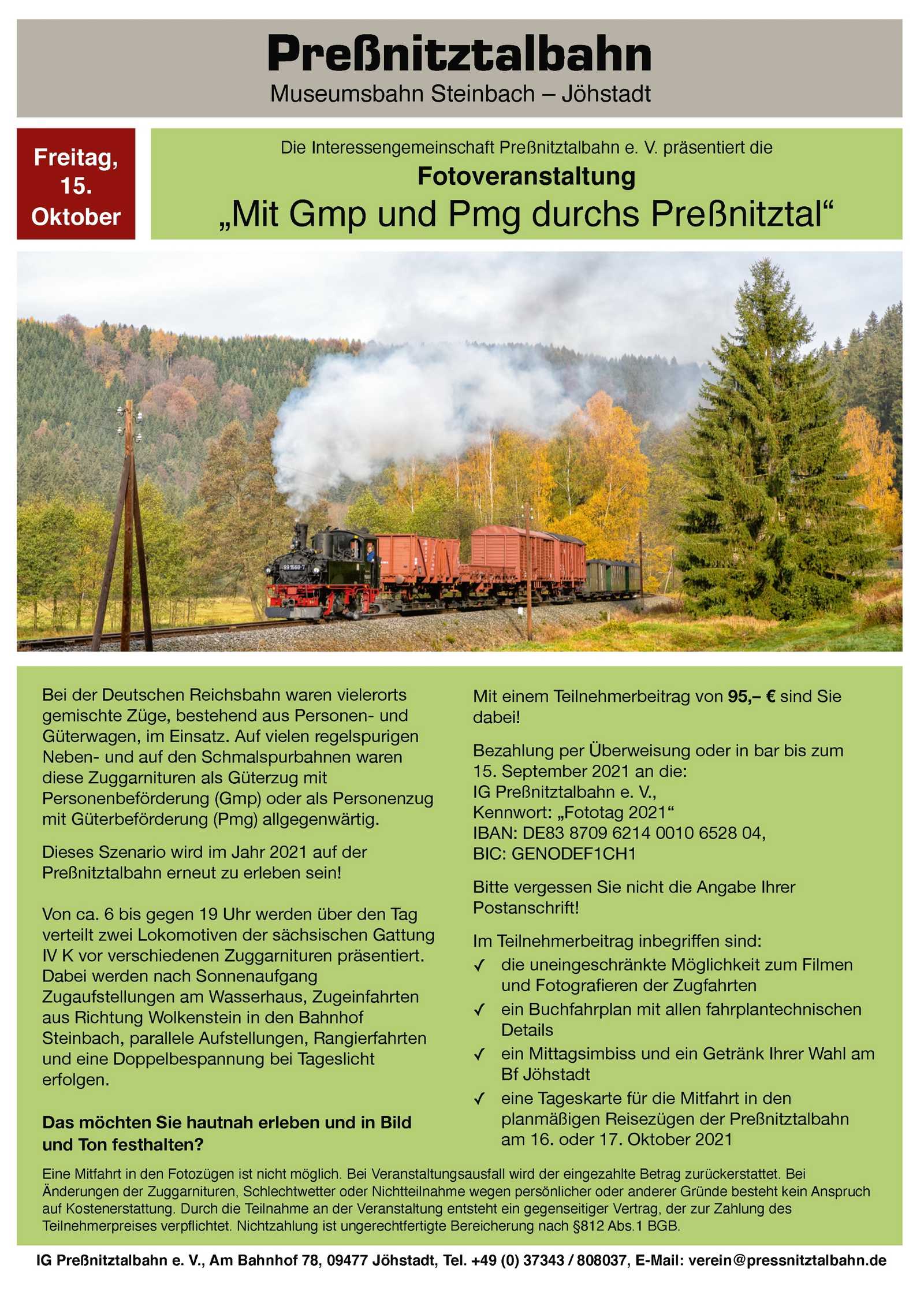 Veranstaltungsankündigung 15. Oktober 2021: Fotoveranstaltung "Mit Gmp und Pmg durchs Preßnitztal"
