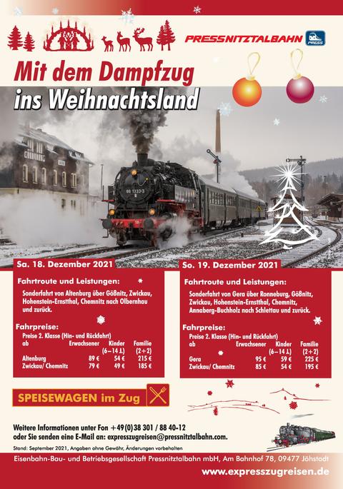 Veranstaltungsankündigung: 18. & 19. Dezember 2021: Mit dem Dampfzug ins Weihnachtsland