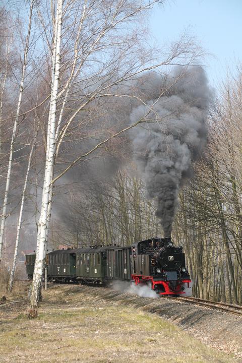 Bei der Mansfelder Bergwerksbahn fand am 24. März 2021 eine weitere Probefahrt mit der haupt­untersuchten Lok 11 statt. Norman Kloseck fotografierte die Rückfahrt aus Hettstedt.