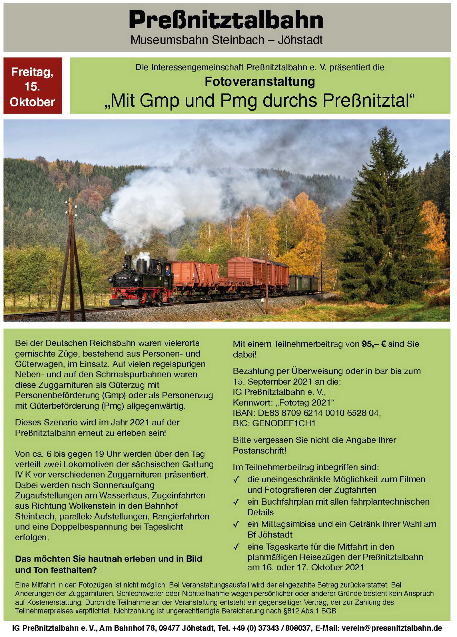 Veranstaltungsankündigung 15. Oktober 2021: Fotoveranstaltung „Mit Gmp und Pmg durchs Preßnitztal“