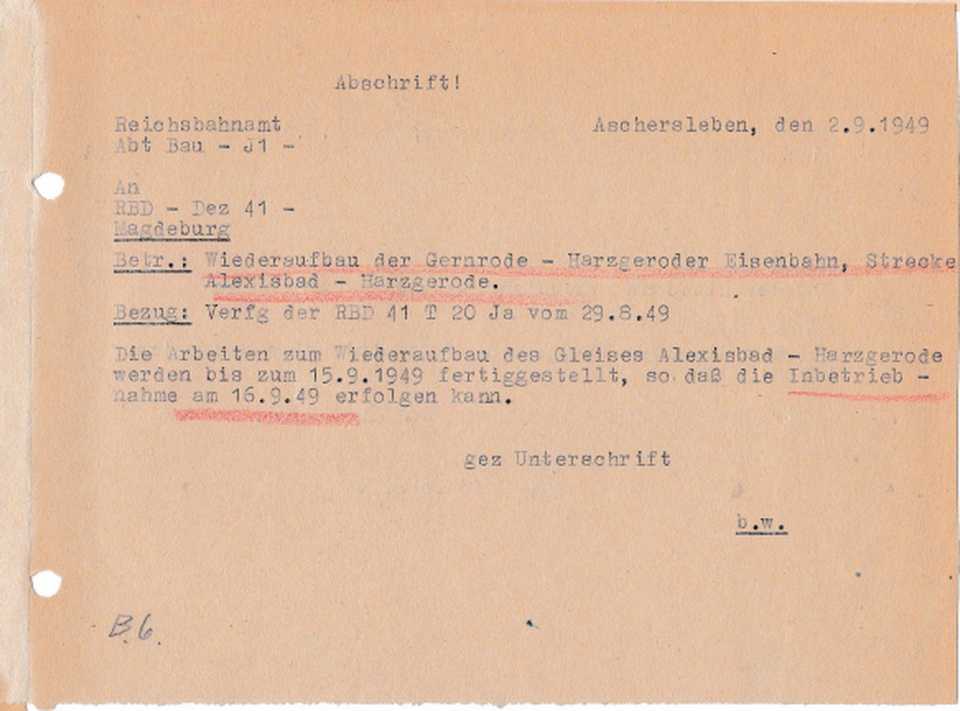 Schriftverkehr zwischen dem Rba Aschersleben und der RBD Magdeburg vom 2. September 1949. (Sammlung Jörg Bauer)