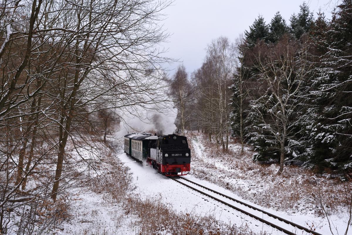 Erinnerung an den Winter 2020/21: Am 31. Januar führte die Lok 99 4801-9 den P 105 durch die verschneite Granitz, hier kurz vor dem Haltepunkt Jagdschloß.