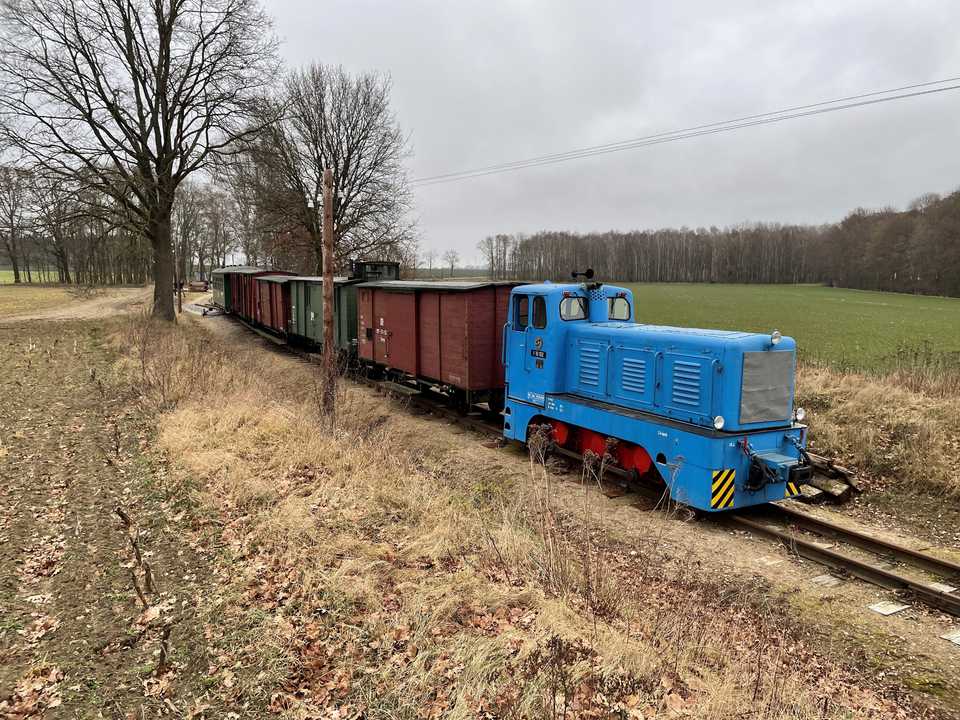 Am 28. Februar 2021 fand beim Pollo die jährliche Vegetationspflege entlang der Strecke statt. Der von der Diesellok V 10 102 gezogene Arbeitszug hat dazu hier soeben Klenzenhof in Fahrtrichtung Brünkendorf verlassen.