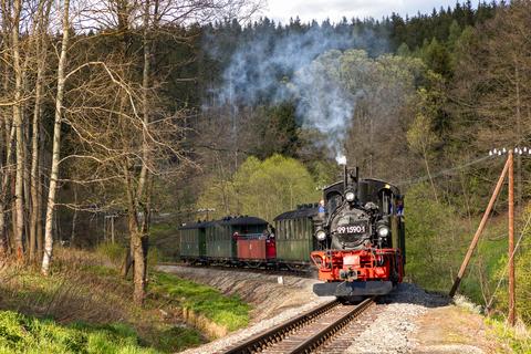 Am späten Nachmittag des 22. Mai hatte die IV K 99 1590-1 den P14217 nach Jöhstadt zu befördern – Armin-Peter Heinze nahm diesen Zug kurz vor dem Endbahnhof der Museumsbahn auf.