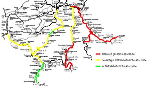 Karte Linien der Erzgebirgsbahn 2002 mit Zustandsmarkierung.