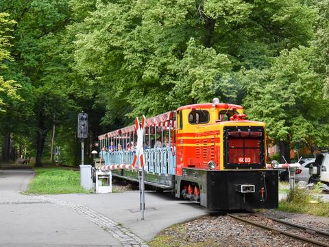 Auf der Chemnitzer Parkbahn kommt als Lok 6003 auch eine Diesellok vom Typ V10C zum Einsatz. Guido Wranik lichtete die C-dm (LKM 1971/250510) am 1. August 2021 am Bahnübergang Küchwaldstraße ab.