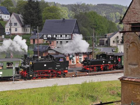 99 1715-4 und P24310 kreuzt mit 99 1590-1 und P24321 am 22.05.2010 im Bahnhof Schmalzgrube.