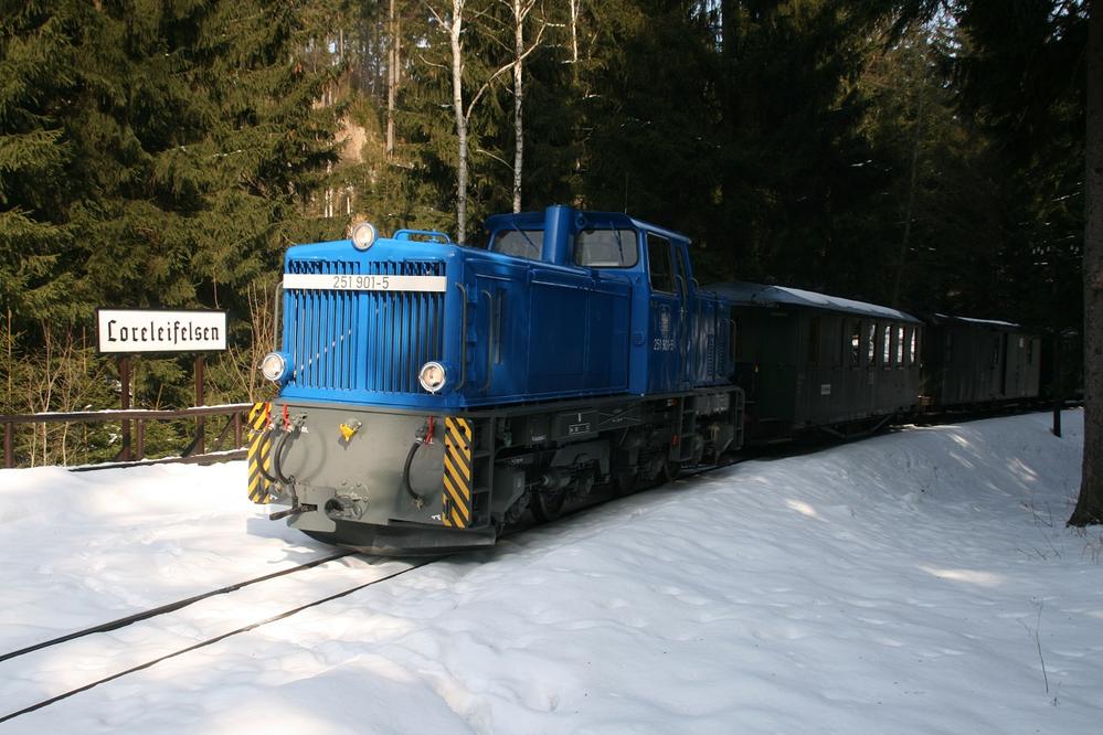 Probefahrt am 11. März auf der Preßnitztalbahn mit kurzem Halt am Hp. Loreleifelsen.
