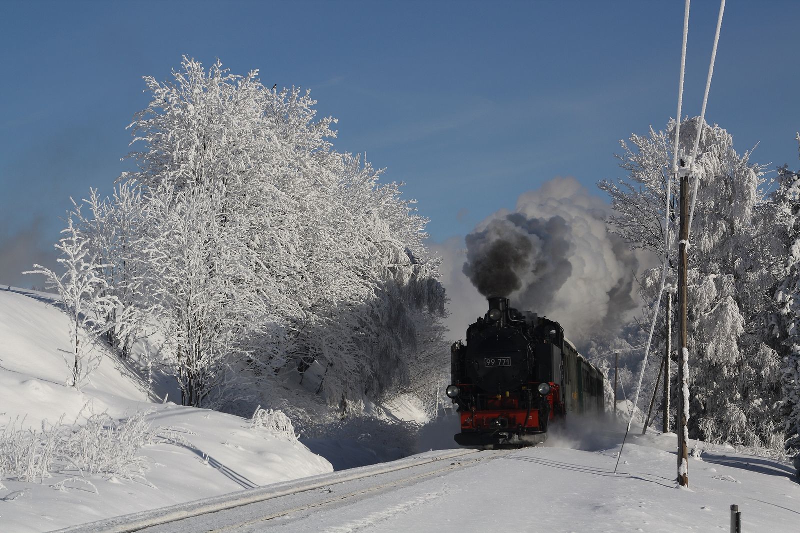 Daniel Theumer hielt am 27. Januar 2010 die winterliche Stimmung mit dem von der Stammlok der Weißeritztalbahn 99 771 gezogenen Zug auf der Fichtelbergbahn in der Nähe von Hammerunterwiesthal fest.