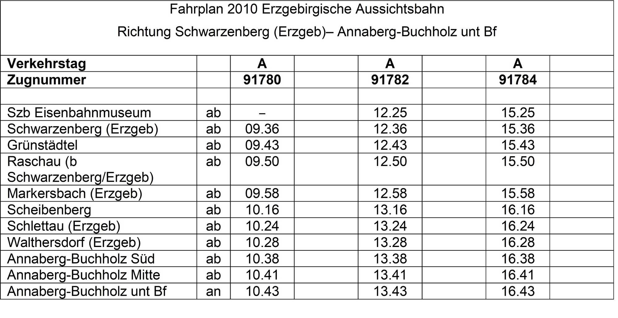 Fahrplan der EAB 2010 Richtung Annaberg