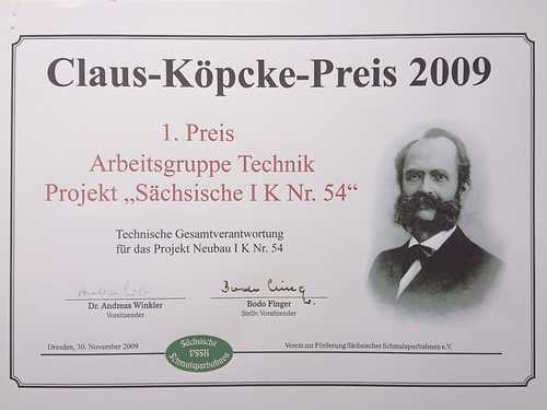 Urkunde für den „Claus-Köpcke-Preis 2009“, der an das Team der Arbeitsgruppe Technik für das Projekt „Sächsische I K Nr. 54“ ging.