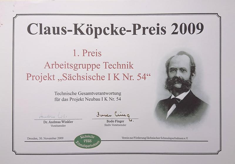 Urkunde für den 1. Preis des Claus-Köpcke-Preis 2009 für die Arbeitsgruppe Technik des Projekt „Sächsische I K Nr. 54“
